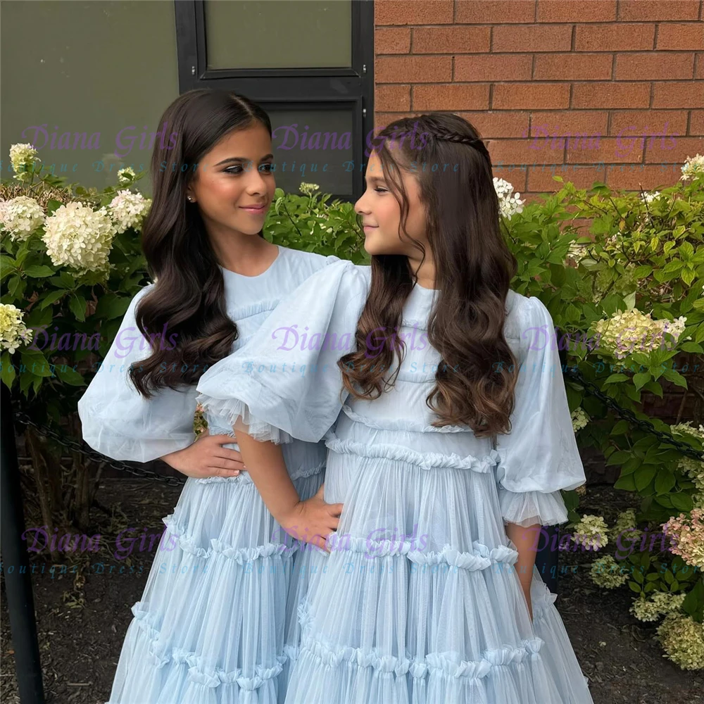 

Элегантное синее платье с цветочным узором для девочек, качественное многослойное тюлевое пышное платье для свадебного бала с оборками и цветочным принтом для малышей, пышные платья для дня рождения