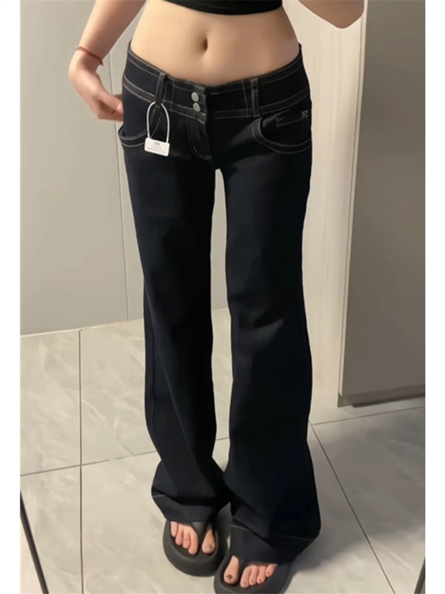 

Женские повседневные джинсы-клеш с удлиненной длиной, свободного кроя, с эффектом похудения, синие, винтажные, из хлопка, на молнии