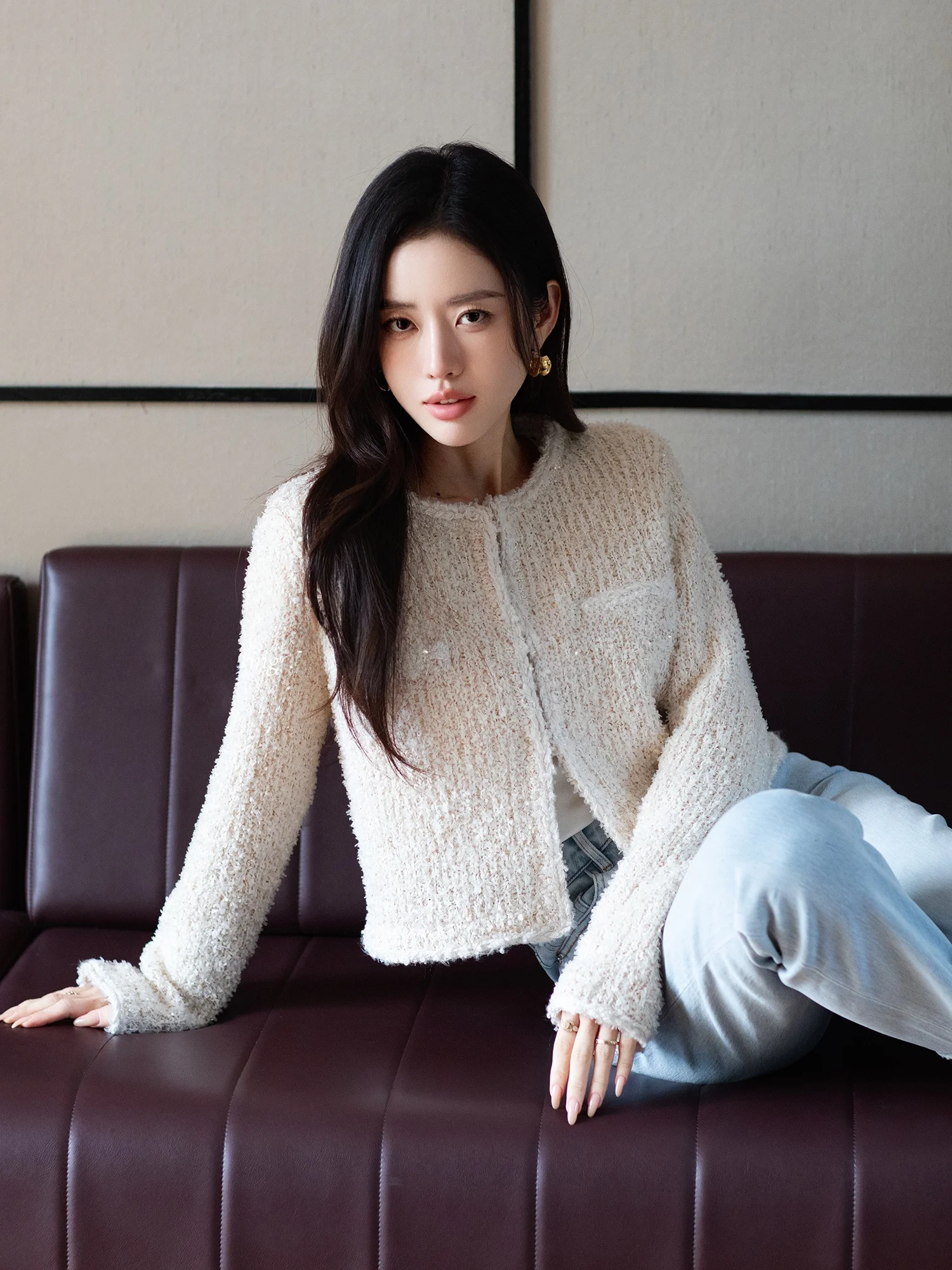 

Touchin Haute Classic Box ape Weave Heavy Special Yarn Women's Jaet Luxury Faion ort Outerwear Polyester Fiber