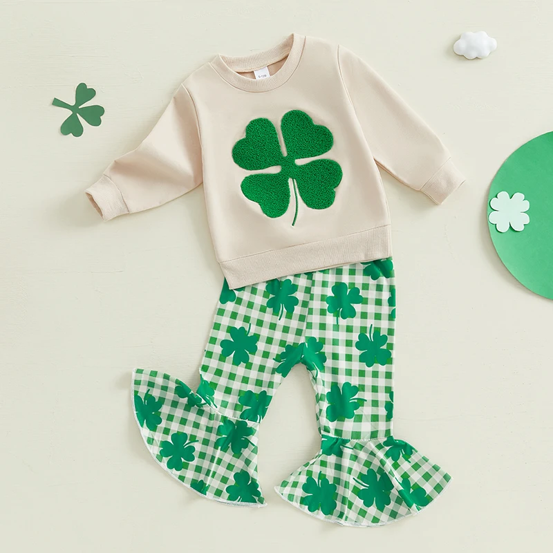 Conjunto de leggings y top con mangas con volantes y estampado de trébol verde para niñas pequeñas del día de San Patricio con diadema a juego