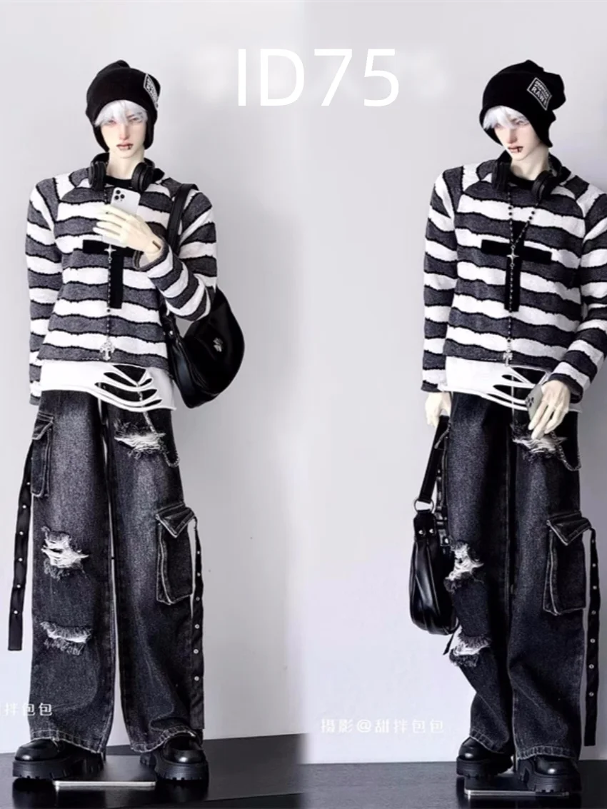 BJD Doll Trousers Boys Girls Toys ID75 Ripped Jeans Daily Dance Long Wide-leg Black Wash Denim Handsome Gifts Doll Accessories