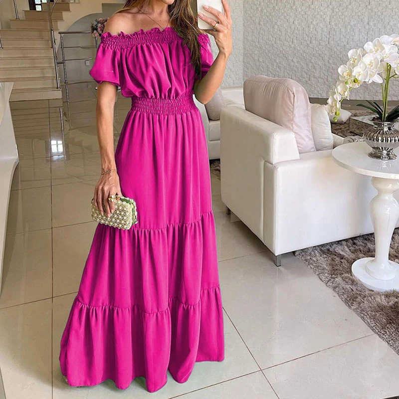 

Women Short Sleeve Pleated Beach Long Dress Elegant Casual Solid Color Slash Neck Dress Sexy Off Shoulder High Waist Party Dress