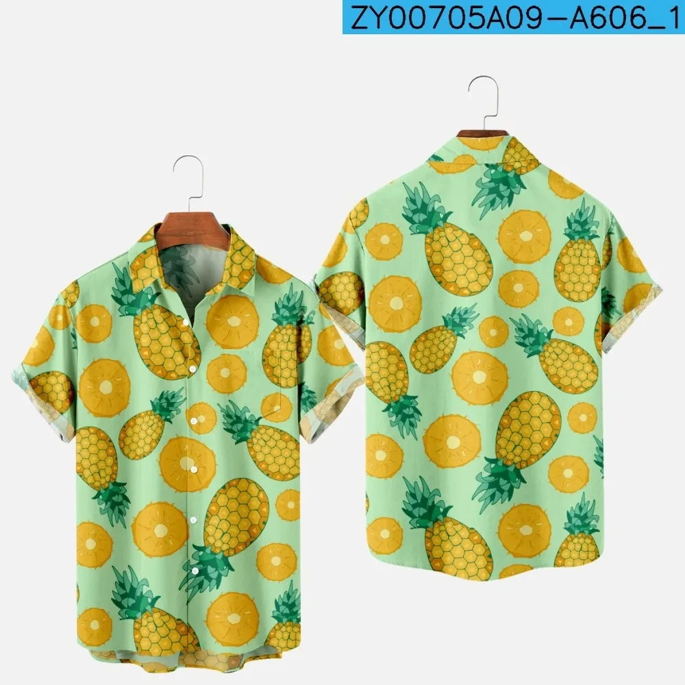 Blusa con estampado 3D de piña y fruta para hombre, camisa informal de manga corta con botones y solapa, ropa de calle de gran tamaño para playa