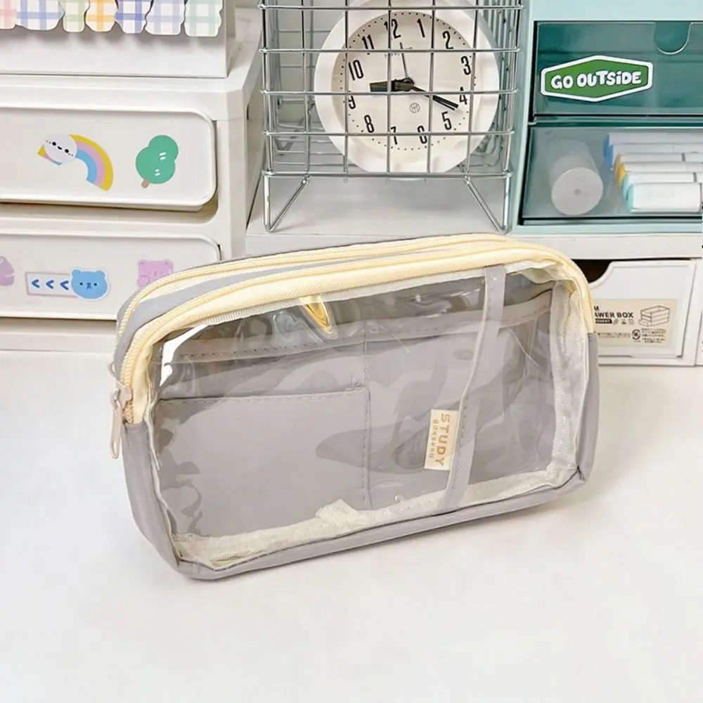 Simple Double-layer Pencil Bag Waterproof Candy Color Transparent Pencil Bag Multifunctional Fashions Stationery Bags