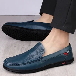 Blue Casual Leather Men Flat Loafers Designer Shoes Luxury Designers New Fashion Soft Bottom Wedding Shoes Casual Business Shoes