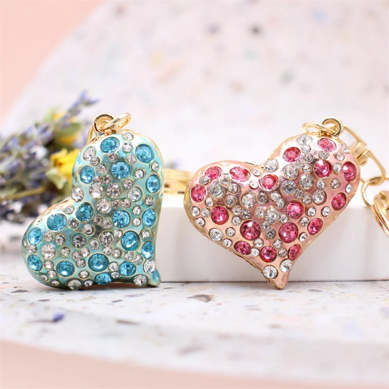 Porte-clés coeur en cristal pour femme, porte-clés biscuits, pendentif rouge bleu et rose, bijoux à breloques