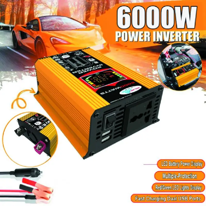 

6000W Car Power Inverter LCD Display DC 12V To AC 110/220V Power Converter With Dual USB Ports And AC Outlets Inverter