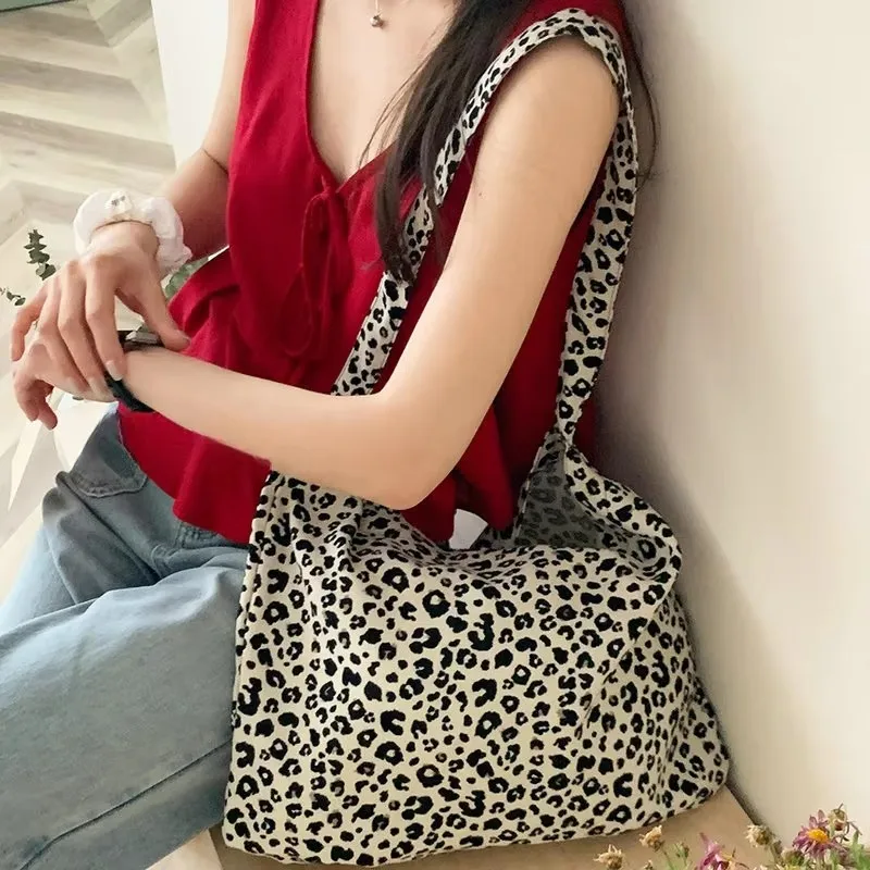 Fashion Canvas Bag Female Handbag Tote Large Capacity Underarm Bag Vintage Leopard Pattern Shoulder Shopping Bag