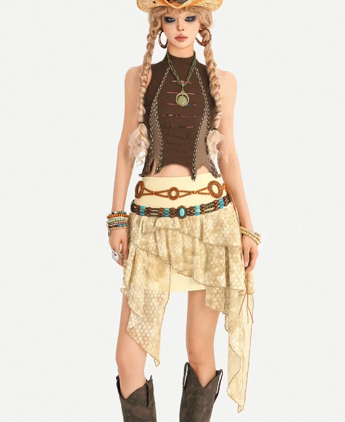 Personalized Retro Irregular Sexy A-line Versatile Skirt Handsome Elegant Coffee Turtleneck Sleeveless Street Subculture Tops