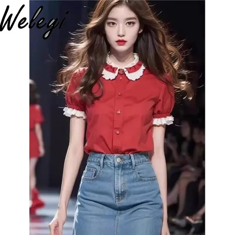 

Super Good Looking Beautiful Shirts Ropa De Mujer Summer 2024 New Red Doll Collar Contrasting Camisas E Blusas Cute Poleras Top