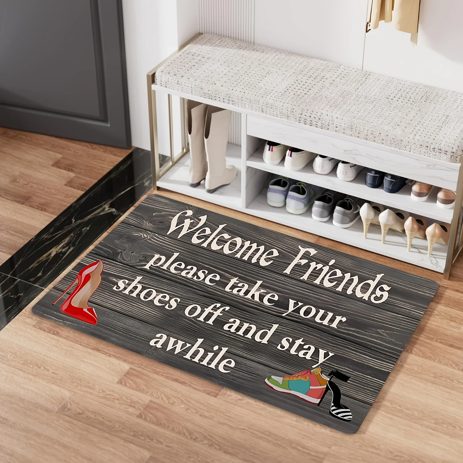 

Welcome Friends, Please Take Your Shoes Off Non-Slip Floor MatIndoor and Outdoor Absorbent Foot Mat Suitable for Home Decoration