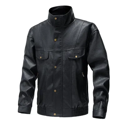 MAIDANGDI Men's Leather Stand Up Collar Retro Windproof and Moisture Wicking 4xl Men's Artificial Leather PU Material