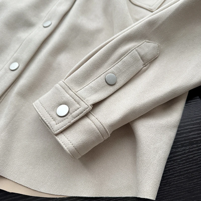 سترة قميص أنيقة بأكمام طويلة وزر واحد من الجلد المدبوغ، تصميم عصري بملمس راقٍ، قصة قياسية، مزيج من البوليستر للرجال متوسطي العمر #4
