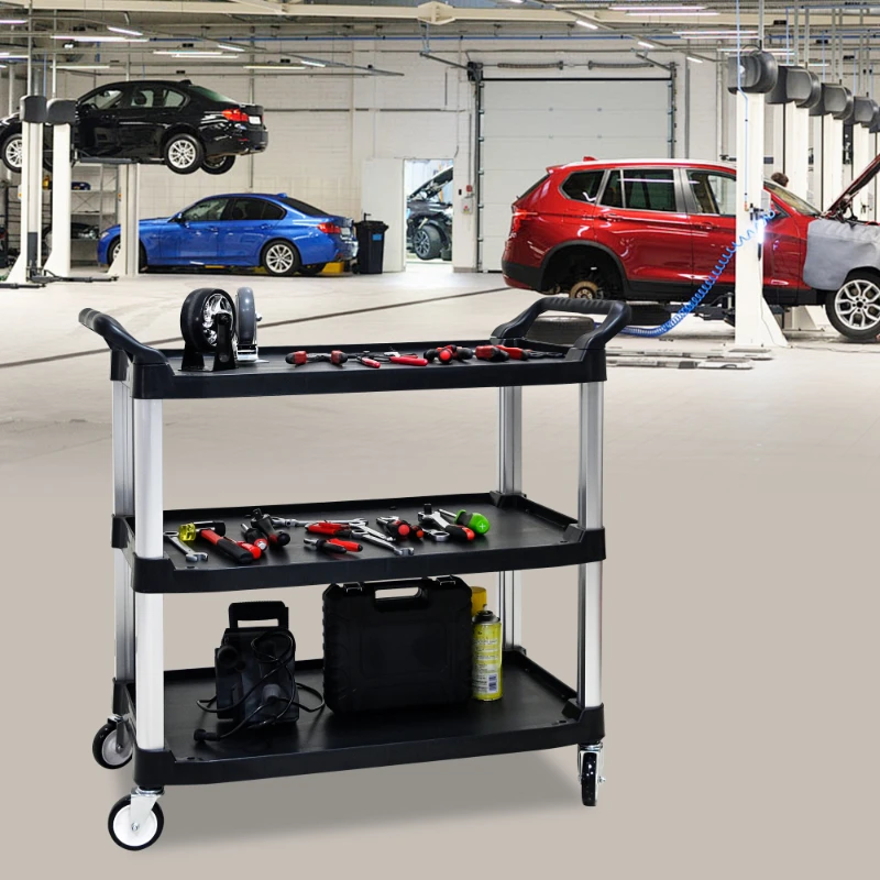 

Three-layer thickened plastic mobile tool cart