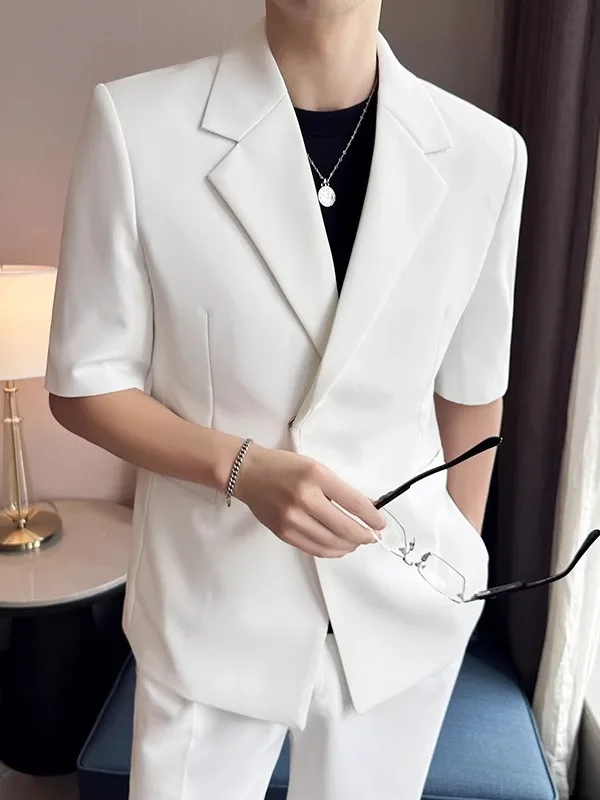 

Летний легкий повседневный белый мужской костюм с коротким рукавом, тонкий, свободного кроя, удобный, модный, молодежный тренд