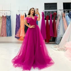 Cathy Fuchsia V-neck A-line Tulle Wedding Dress Elegant Sleeveless Puffy Edge Curl vestidos de fiesta Floor-length Prom Dresses