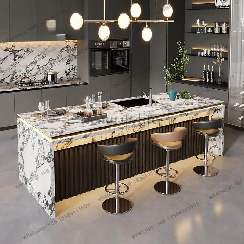 Custom Luxury Stone Kitchen Island - Light Luxury-Style Dining Table & Peninsula Countertop for Western Open-Concept Kitchen