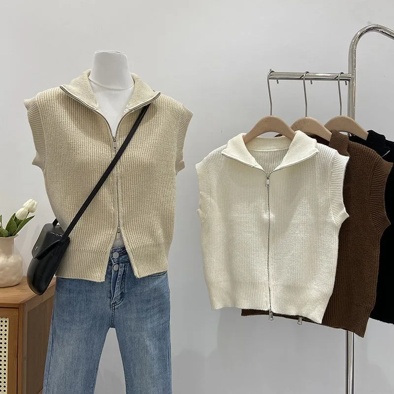 Korean style Women\'s Double Zippered High Collar Knitted Vest Autumn Loose Solid Sleeveless Cardigan Tank Top Sweater Coat