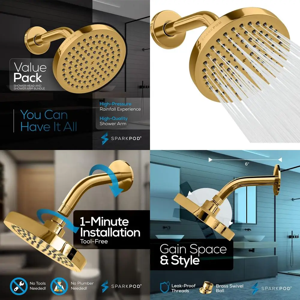 6 cabezales de ducha de lluvia modernos de alta presión con 6 brazos - Oro egipcio - Instalación de 1 minuto sin herramientas - Experi de spa de lujo que ahorra agua