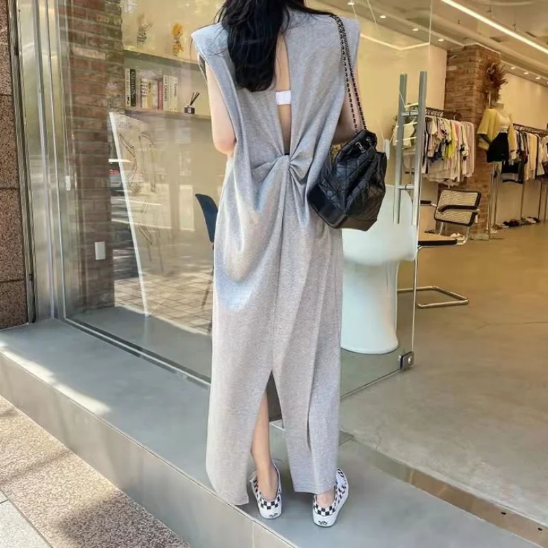 Summer Loose Shoulder Pad Cut Out Backless senza maniche Vest Dress donna Casual Vestidos Midi Grey t-shirt Lady