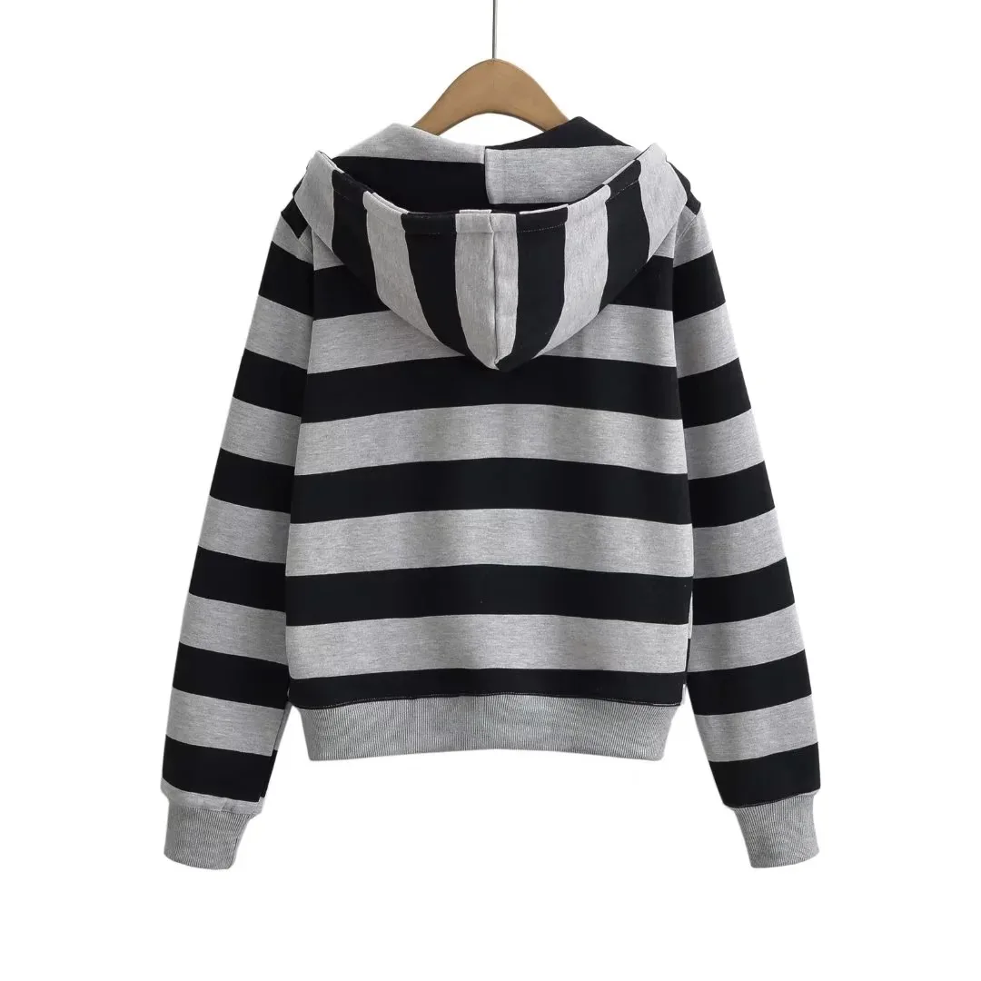 Autumn Winter Harajuku Contrast Striped Hooded Sweatshirt Women Long Sleeve Open Zipper Loose Hoodies Casual Sweats Black Navy