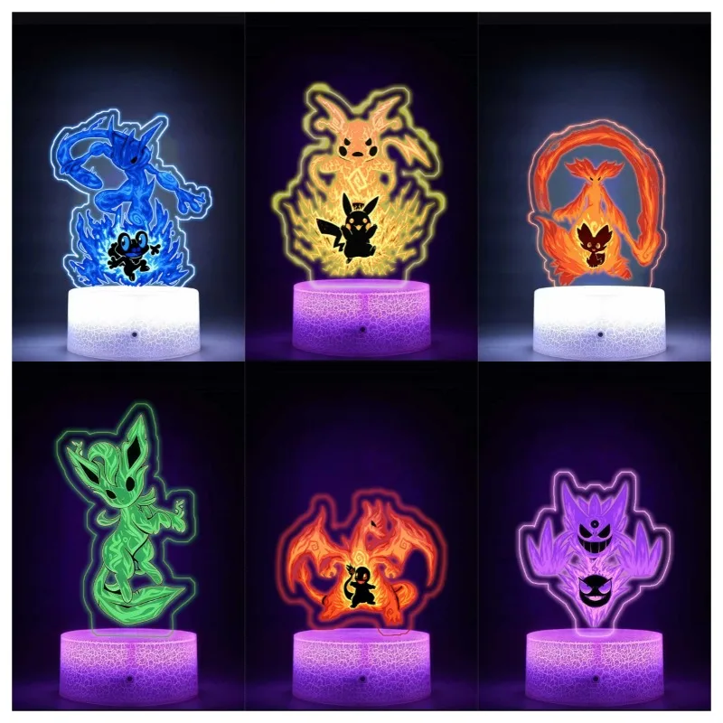 Lâmpada Acrílica para Pokémon Qikachu, Leafeon, Gengar, Froakie, Vulpix, Luz Colorida Monocromática, Lâmpada de Mesa Ajustável por Toque, 15cm