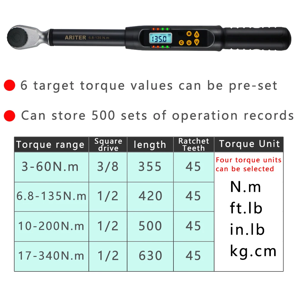 Imagem -03 - Ariter-ajustável Torque Digital Wrench Alta Precisão Repair Tool Key Professional Data Save Bike Car Bicycle 2