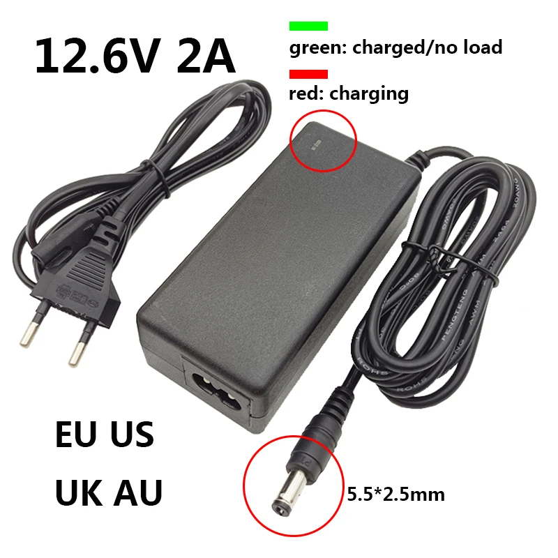 

12.6V 2A Lithium Battery Charger For 3Series Li-ion Battery 12.6V Charger Power Supply Battery Pack 5.5*2.5mm DC Plug AU US UK