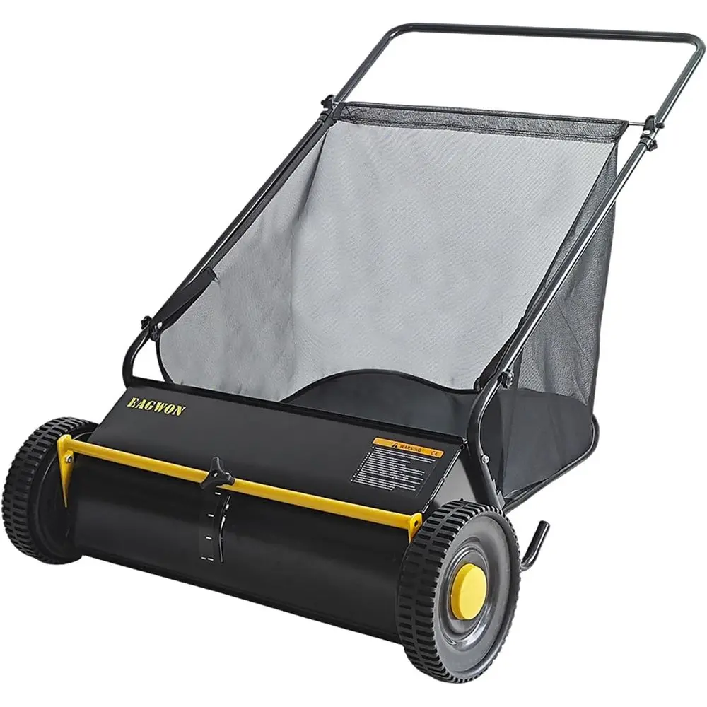 

Push Lawn Sweeper, 26-Inch Width, 7 Cu. t. Hopper acity, 4 Spinning Brushes, Adjustable Height, Durable Steel e with Rubber Whee
