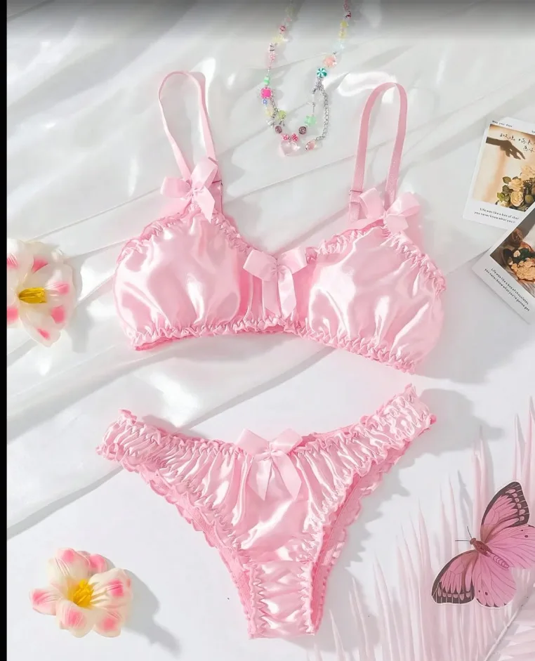 

New Arrival Satin Wireless Bralette And Panty Set with Butterfly Knots Sexy And Elegant Two-Piece Underwear Ensemble