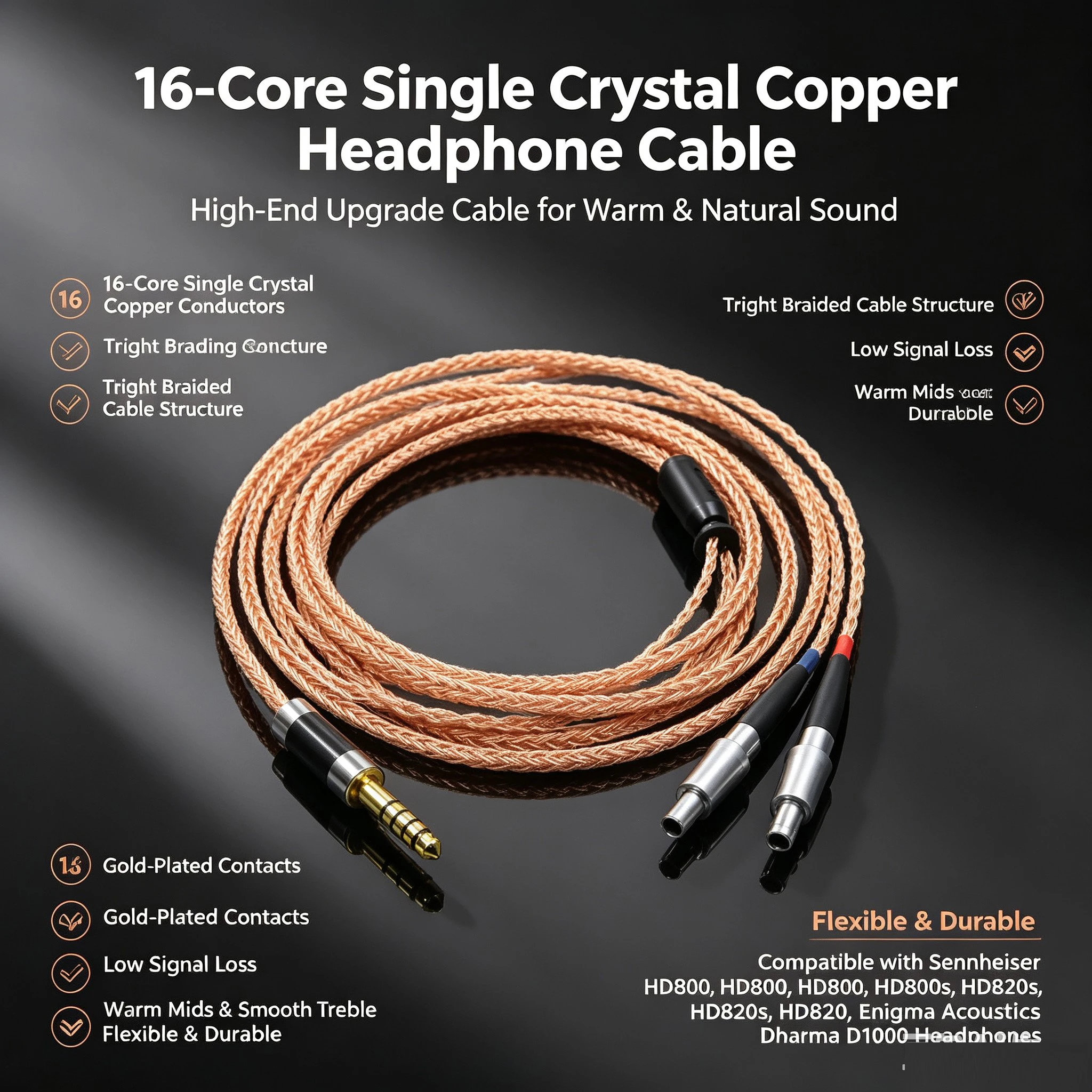 16 Core LITZ 7N Copper OCC Graphene For Sennheiser HD800 HD800s HD820s HD820 Enigma Acoustics Dharma D1000 Headphone