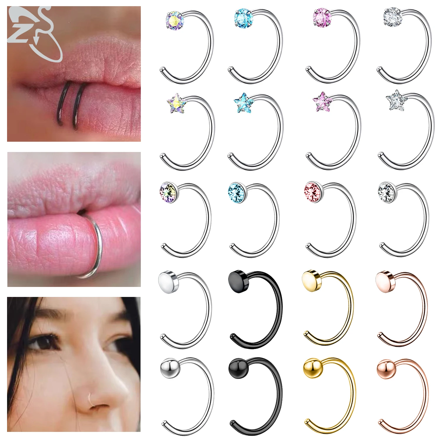 ZS 1PC Stainless Steel Round Nose Rings Crystal Star Hoop Septum Rings C Clip Lip Ring Ear Helix Cartilage Tragus Piercings 20G