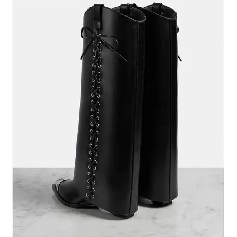 2024 Spring New Metal Pointed Slope Heel Trouser Boots with Metal Rivets/Cross Lacing/Bow/Black Fashion Banquet High Boots Large