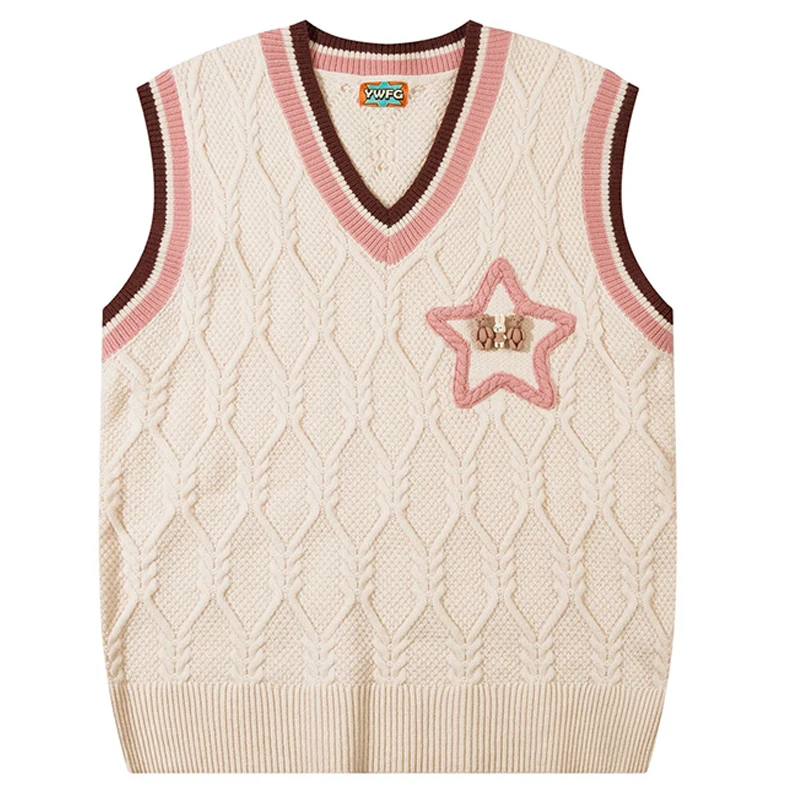 

Sweater Vest Men Women Cotton Sleeveless V-Neck Knit Sweater Hip-hop Loose Pullovers Cartoon doll Pentagram Oversize Streetwear