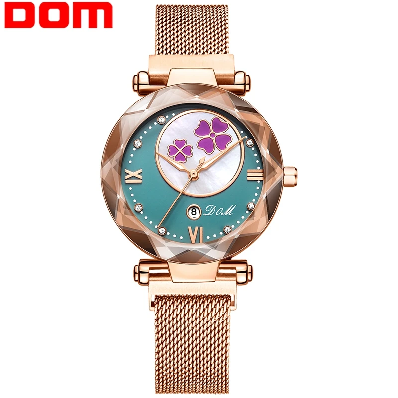 DOM Watch Women Waterproof Steel Watches Luxury Diamond encrusted flower dial Quartz Wristwatch Female Clock Charms Ladies Gift