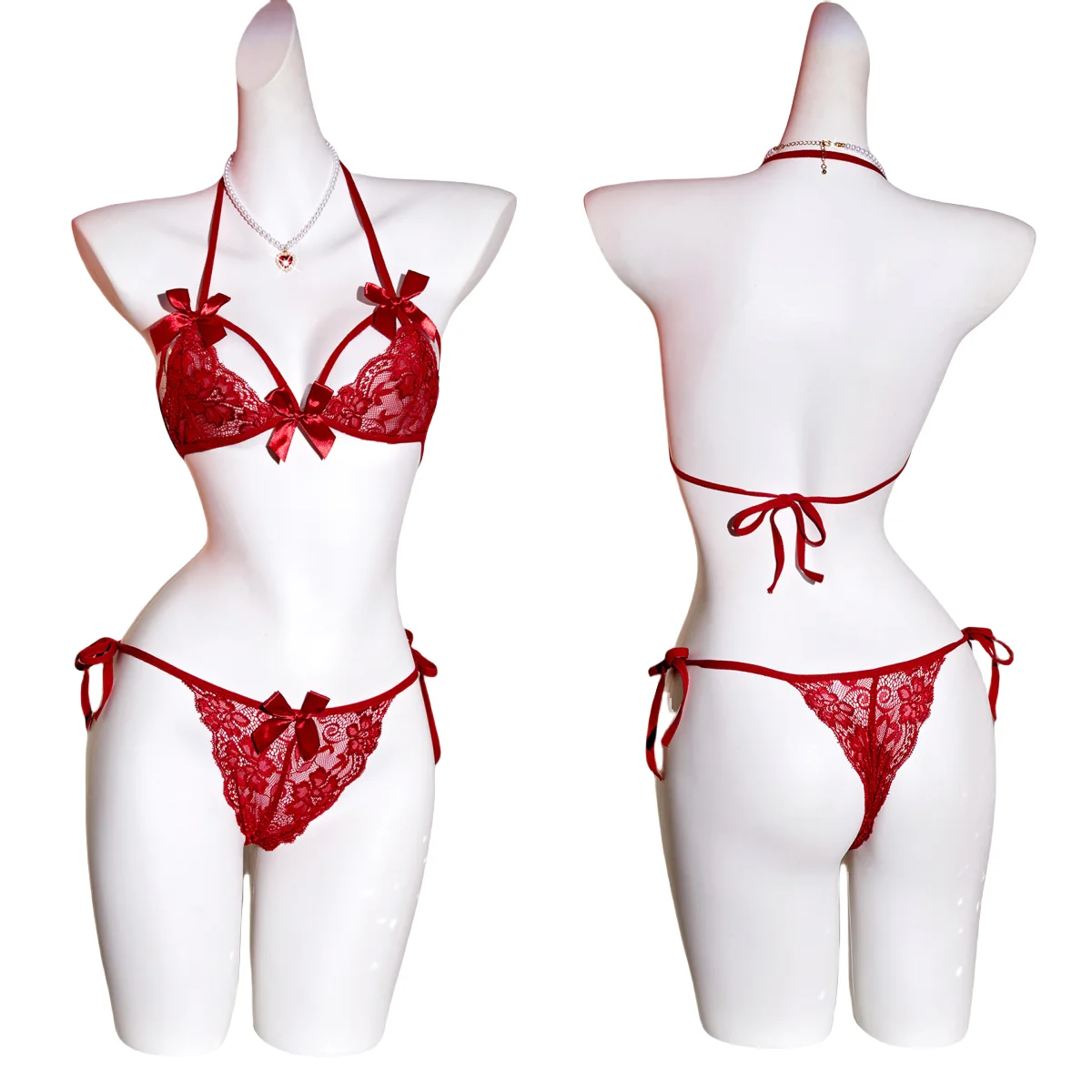 2 Pcs Women's Sling Halter See-through Lace Bra And Thong Set Ultra Thin Transparent Exotic Design with Bow Detail