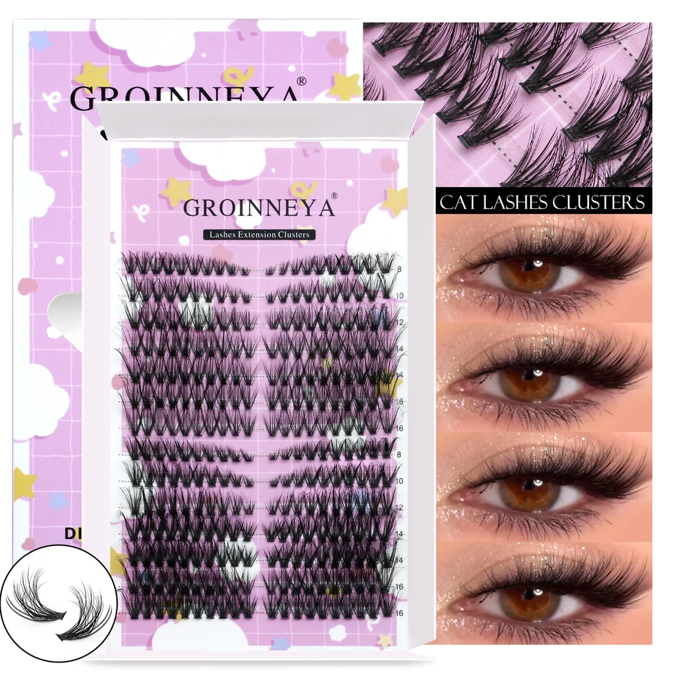 GROINNEYA Kit de Racimos de Pestañas Naturales Ojo de Gato con Sellador y Pegamento Ojo Alargado DIY en Casa