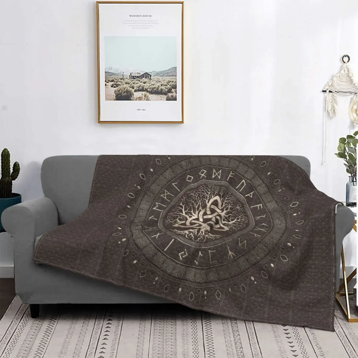 

Tree Of Life With Triquetra Brown Leather And Gold Blanket Soft Flannel Winter Viking Norse Yggdrasil Throw Blanket for Sofa Bed