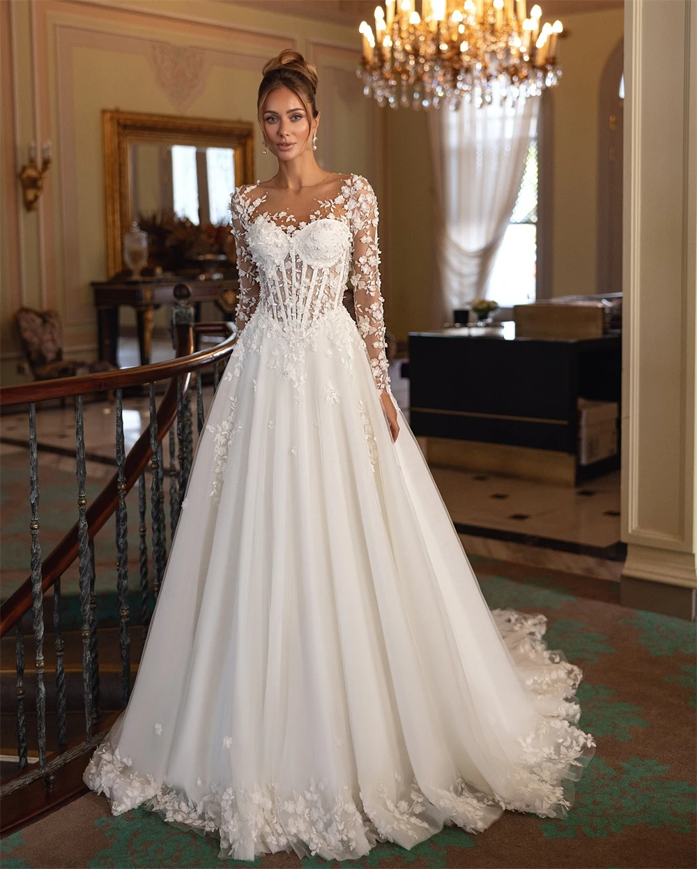 

Customized Soft White Organza Wedding Dress Sexy V-neck Long Sleeves Robe de mariée Boho A-Line Court Train Vestido De Novia