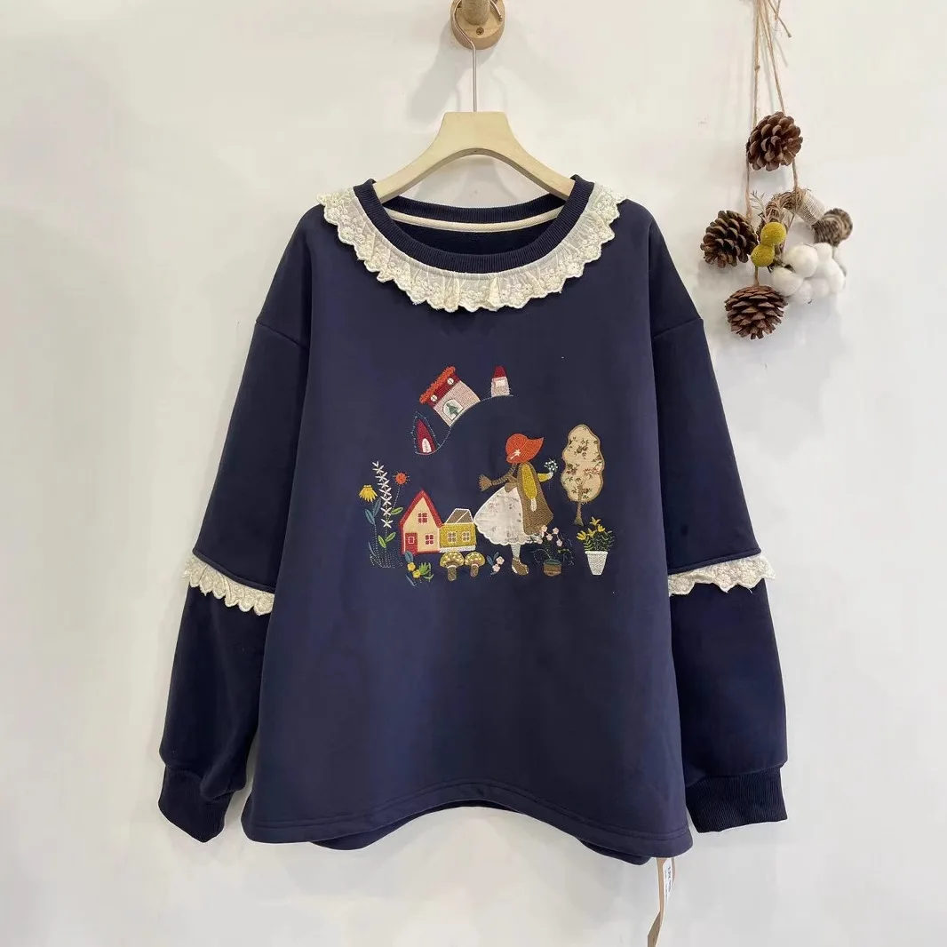 Japan Style Sweet Mori Girl Cute Cartoon Embroidery Fleece Sweatshirt Pullovers Women O-neck Long Sleeve Casual Loose Hoodie