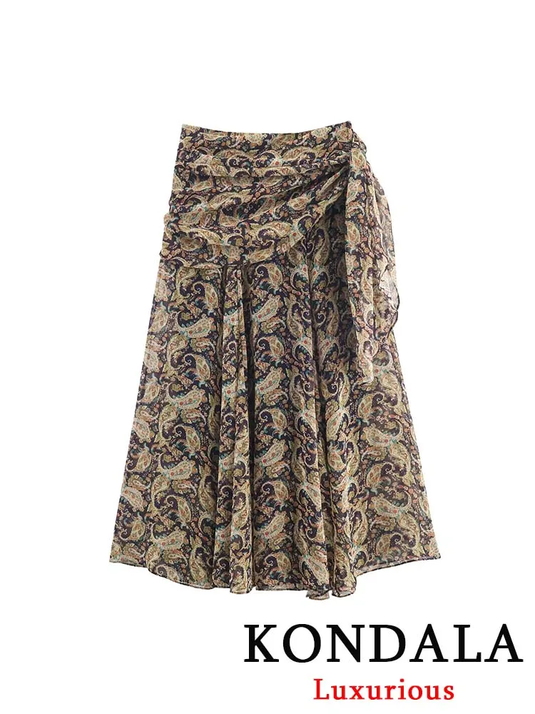 

KONDALA Vintage Casual Chic Women Skirts Printing Loose Draped Long Skirts New Fashion 2025 Autumn Holiday Female Folds Skirt