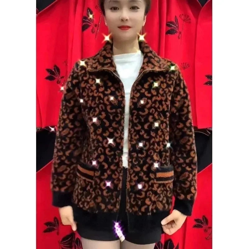 Middle Aged Elderly Women Imitation Mink Velvet Coat High End Fashion Leopard Print Knitted Cardigan Zipper Sweater Jacket 5XL