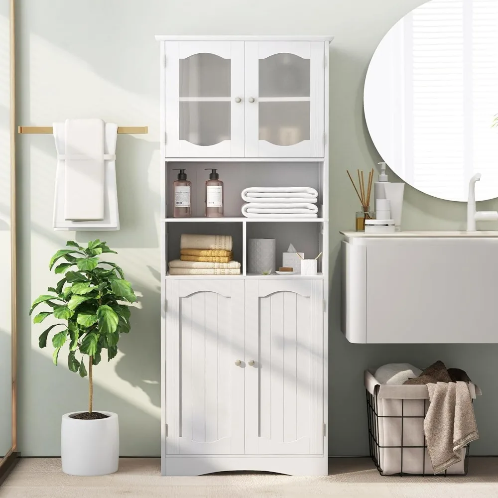 

58.5" Tall Bathroom Storage Cabinet, Freestanding Linen Cabinet with Frost Glass Doors and Shelves, Kitchen Pantry, Customized