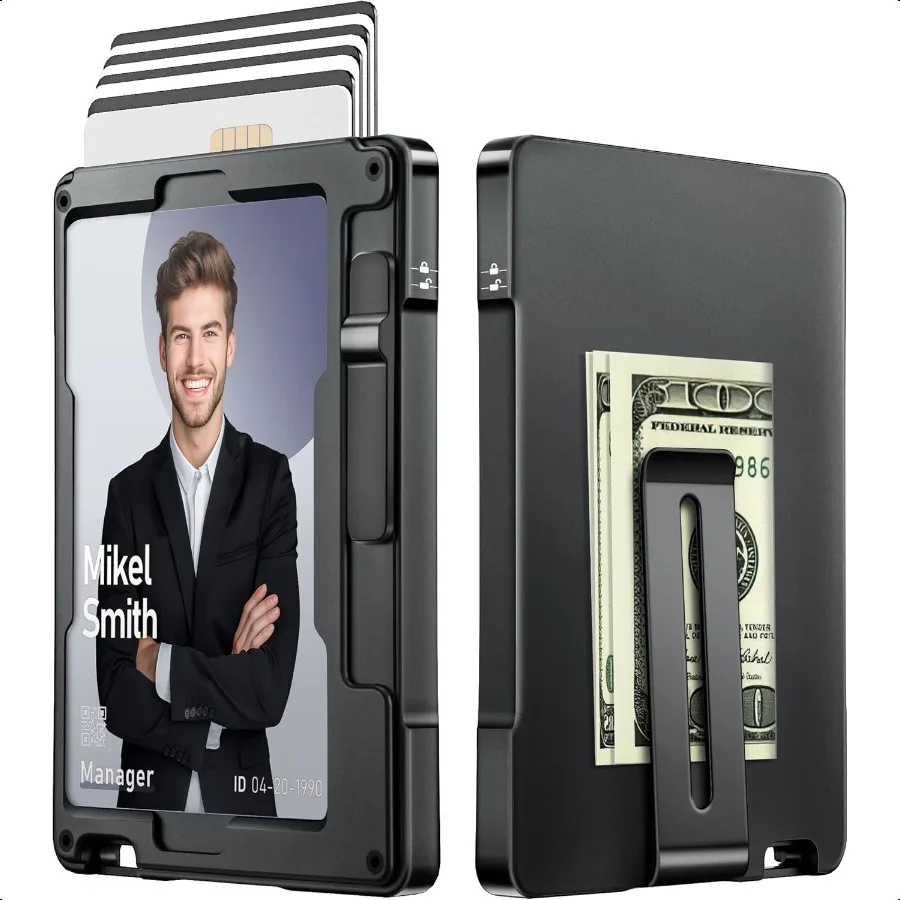 

Minimalist Wallet for Men Slim Aluminum Metal Money Clip Card Holder PopUp Card Case RFID Blocking Mens Wallet with ID Window F
