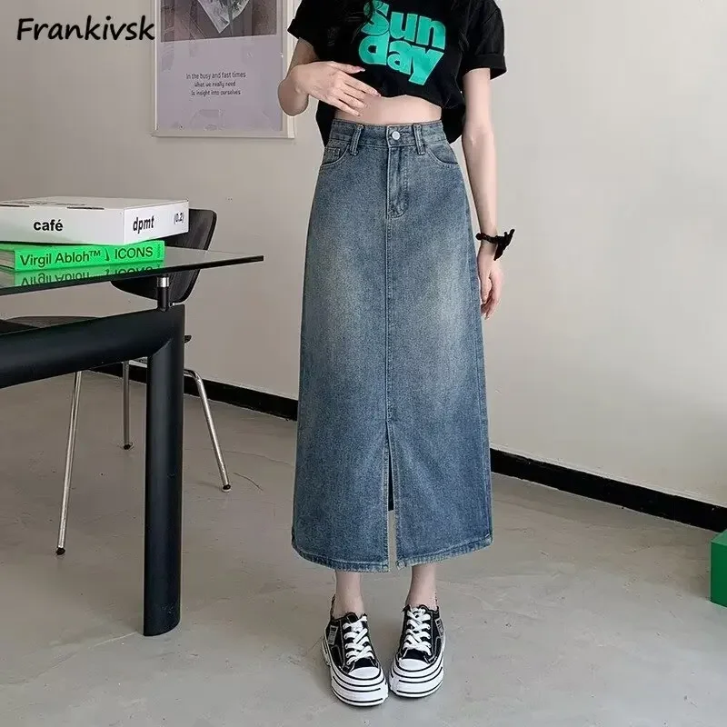 

Denim Skirts Women All-match College Slim Comfortable A-line Summer Washed Casual New Korean Style Sweet High Street Mid-calf