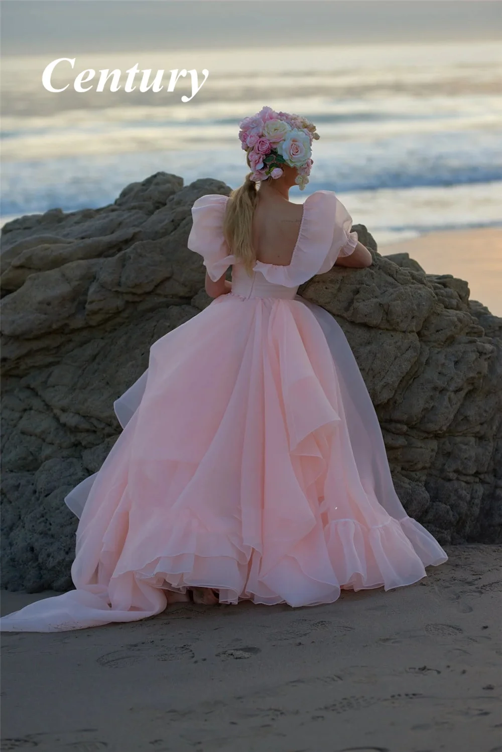 Customized Baby Pink Organza Prom Dress Short Puff Sleeves Ruffles Prom Party Gown Slit Princess Formal Women Party Dresses 2022