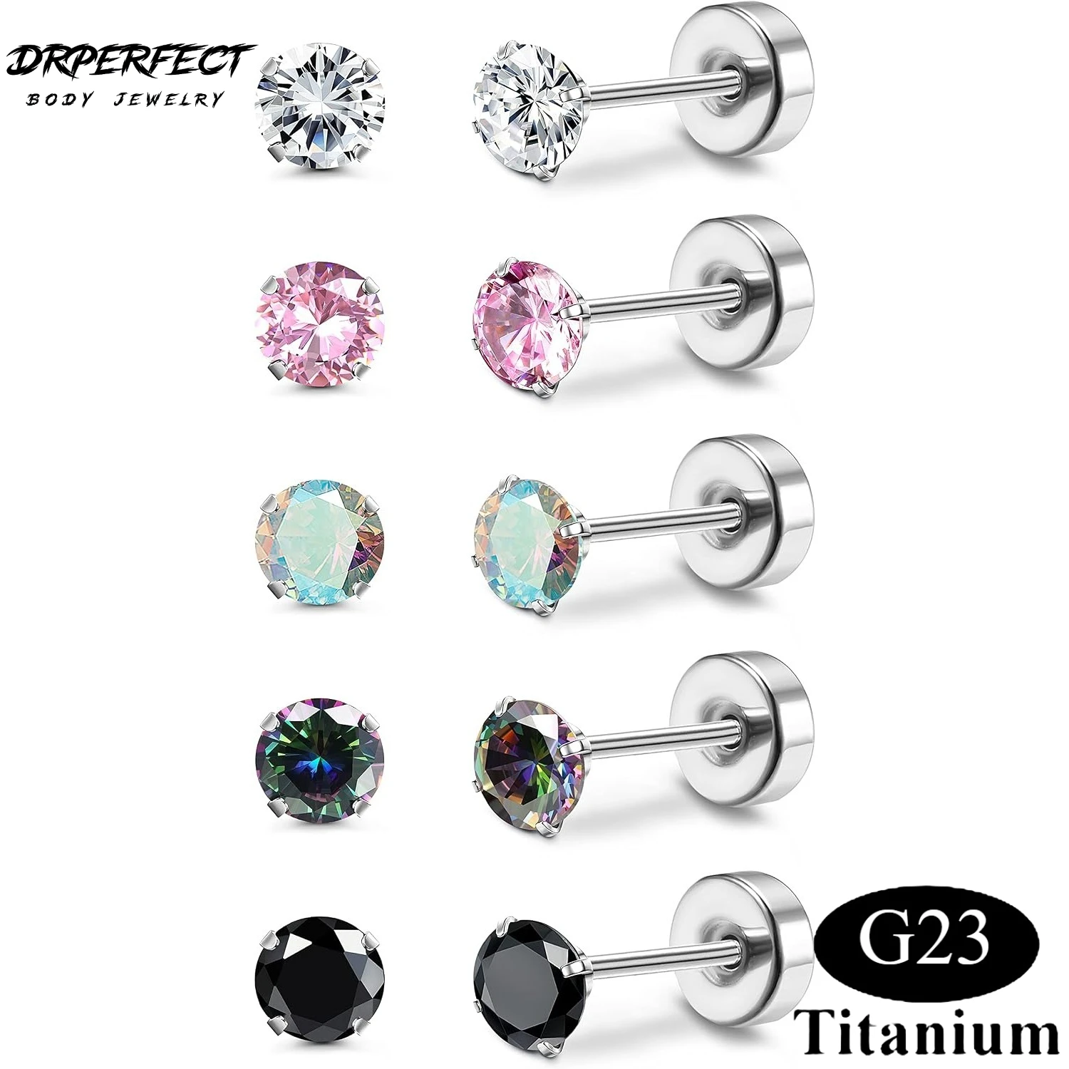 Drperfect 1/10Pcs G23 Pure Titanium Earrings for Women Men Cubic Zirconia Surgical Steel Flat Back Stud Earring Piercing Jewelry