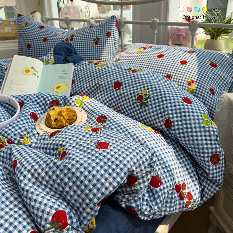 Blue Gingham Tomato Print Microfiber 4 Piece Bedding Set, Bubble Crinkle Soft Breathable Bed Linen Set, Machine Washable Durable