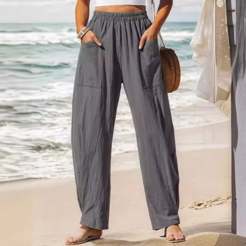 عادية المرأة سراويلي حريمي الصيف الإناث القطن الكتان فضفاض واسعة الساق السراويل الطويلة Homewear سراويل تقليدية النمط الكوري