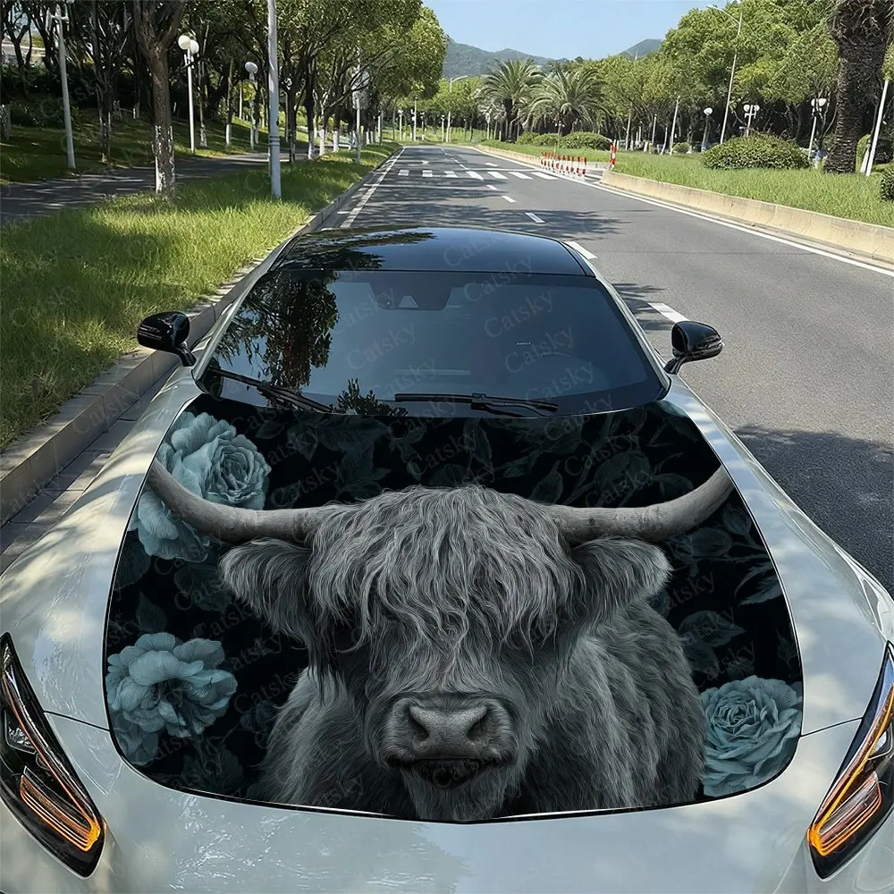 Blue Rose Highland Cattle Car Hood Sticker-self-adhesive PVC Vinyl Film, Waterproof And Scratch Resistant, Easy To Tear And Stic